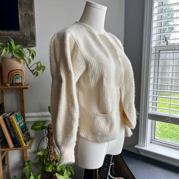 Vintage 80s Open Front White Wool Angora Cardigan Sweater Size Medium - Picture 2 of 6